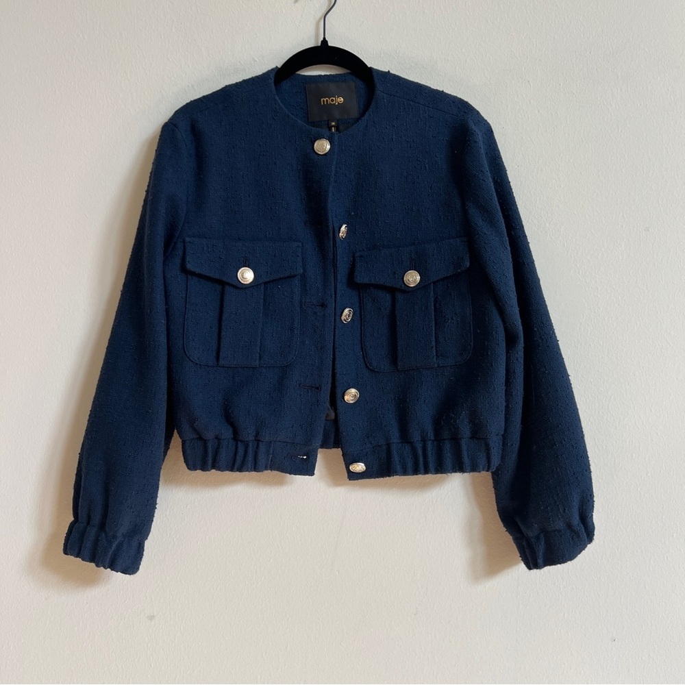 Maje Bimarine Tweed Jacket Navy Blue Silver Buttons size 36 US 4 - Picture 3 of 3